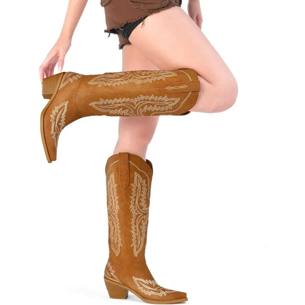 Women Tan Faux Leather Knee High Cowgirl Boots with Pointed Toe Block Heel
